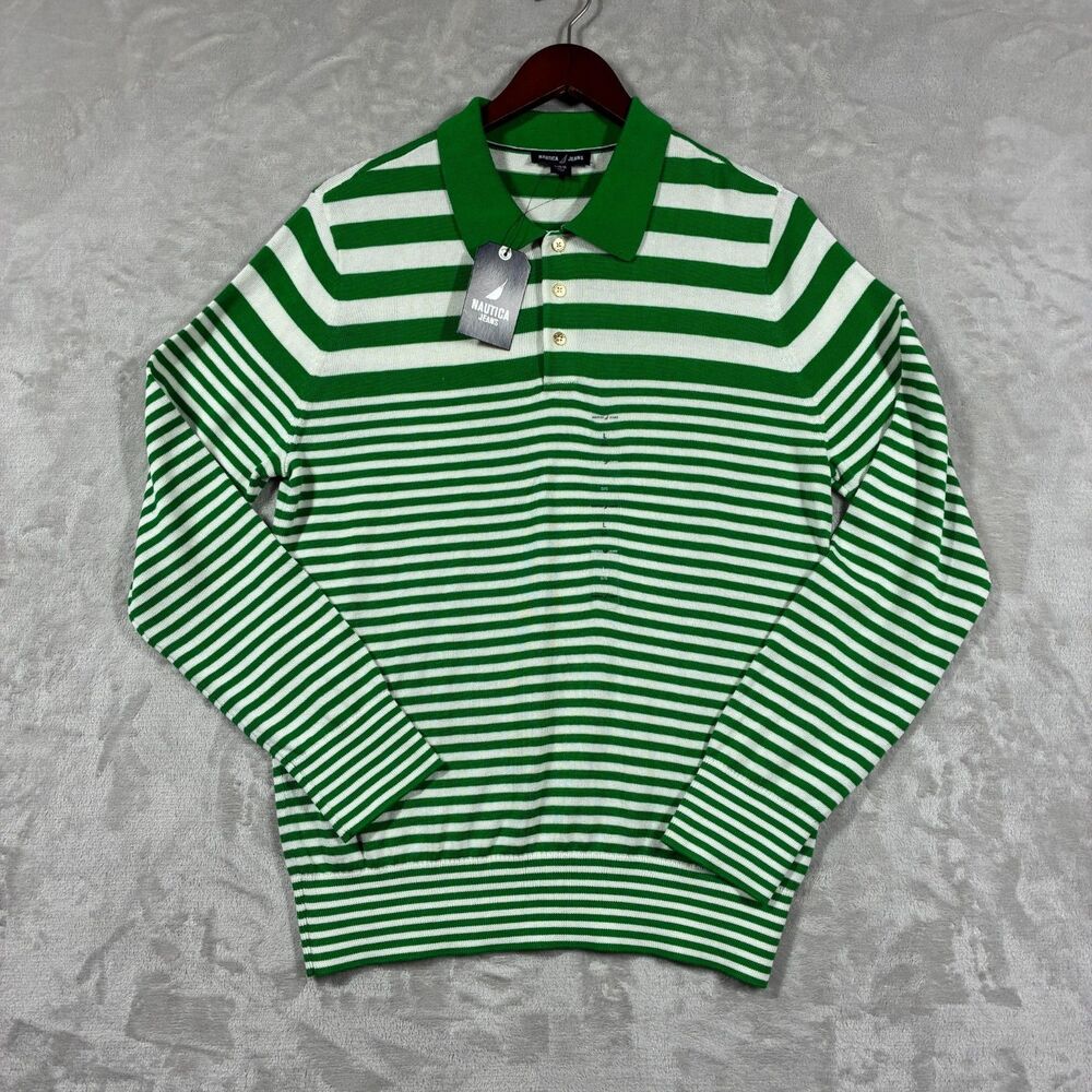 NWT Nautica Jeans Lisbon Knit Polo Sweater Women's Large Green White Striped